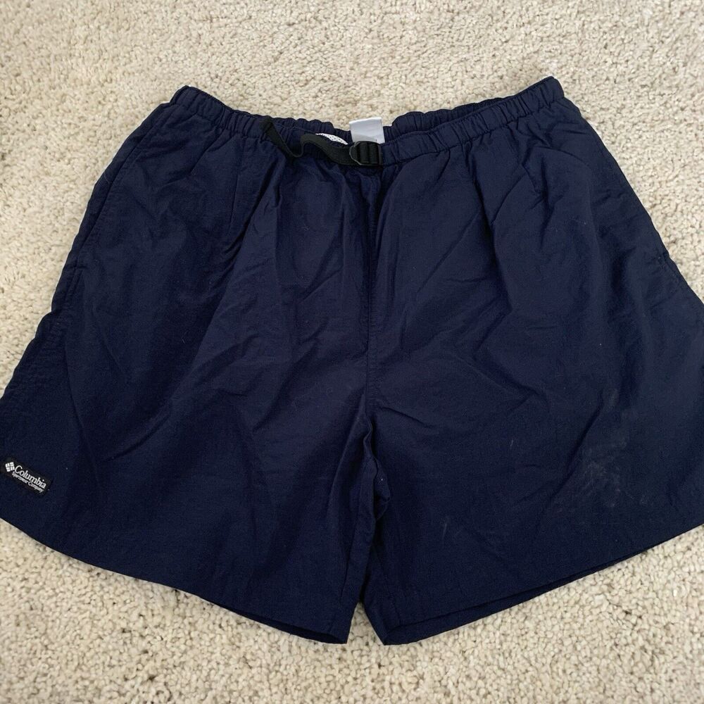 Vintage Columbia Belted Swim Trunks Mens Size XL Blue Nylon Shorts Lined Elastic